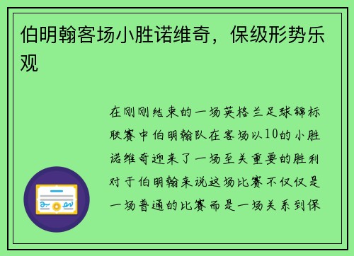 伯明翰客场小胜诺维奇，保级形势乐观