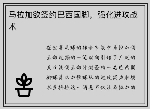 马拉加欲签约巴西国脚，强化进攻战术