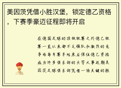 美因茨凭借小胜汉堡，锁定德乙资格，下赛季豪迈征程即将开启